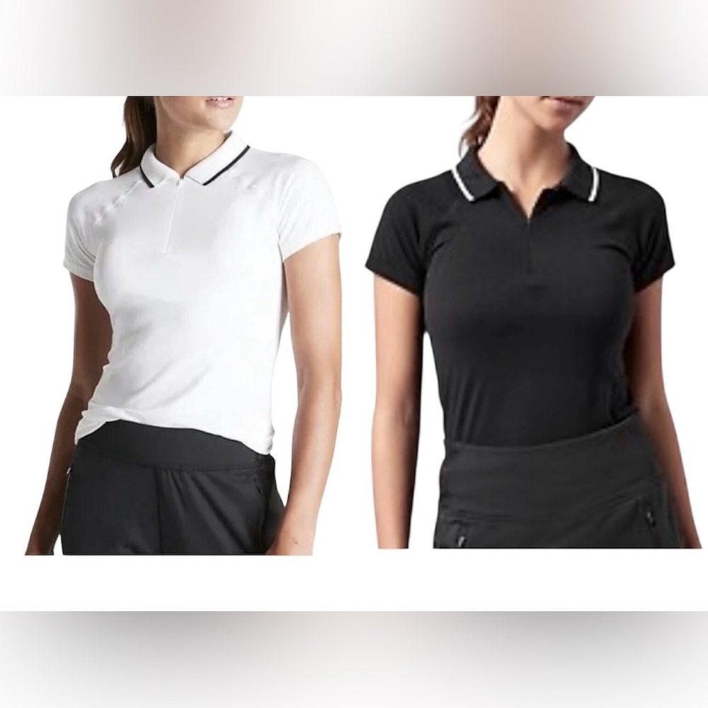 TWO Athleta Momentum Seamless Polo Fitted Short Sleeve Tees, Black and White